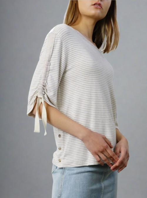 Cinched Sleeve Oatmeal Crew Neck Top