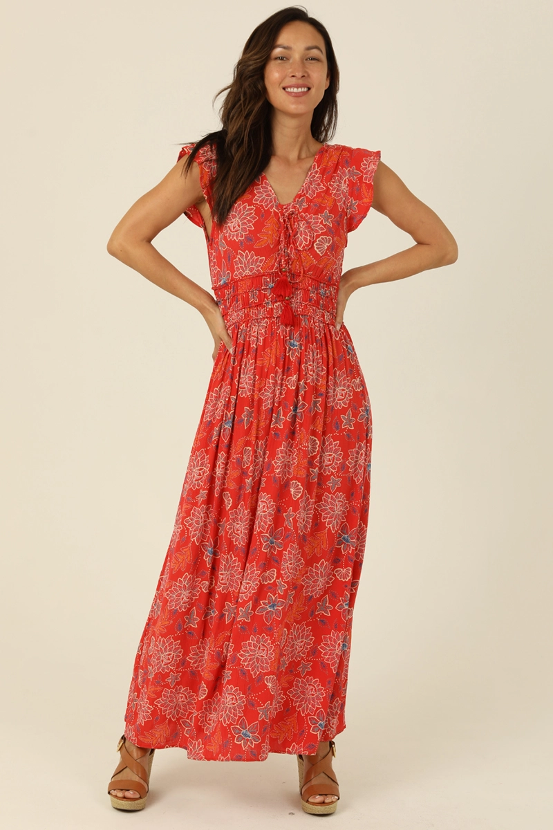 Flutter Sleeve Elastic Waist Maxi Dress