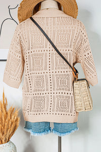 Down Collar Hollowed Knit Short Sleeve Top-XL