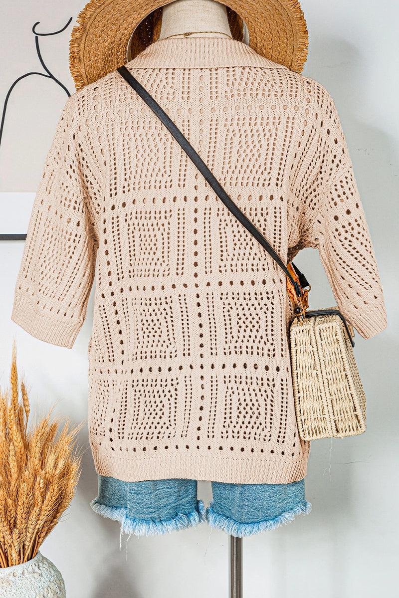 Down Collar Hollowed Knit Short Sleeve Top-XL