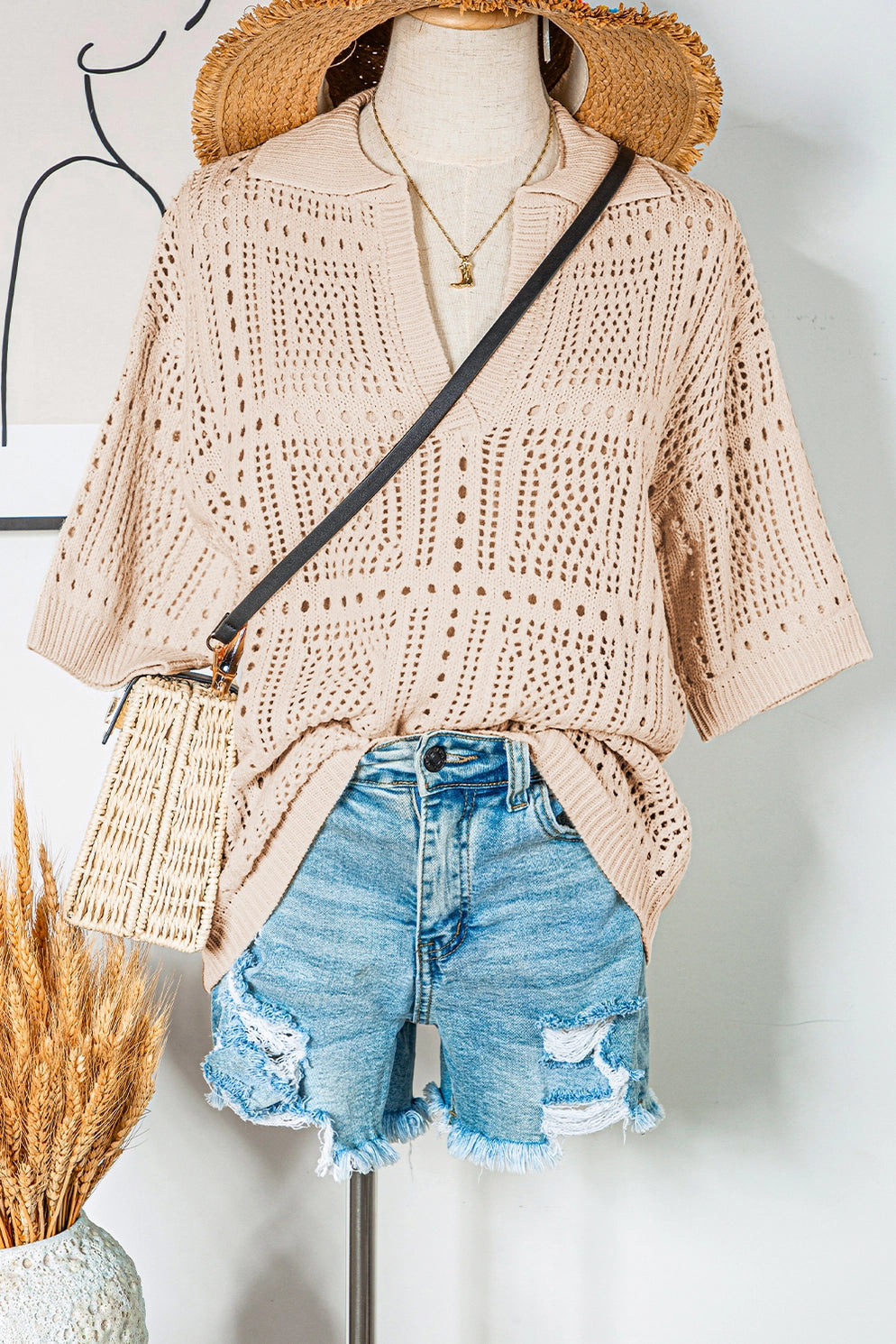 Down Collar Hollowed Knit Short Sleeve Top-XL