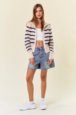 Pointelle Stripe Zip Cardigan