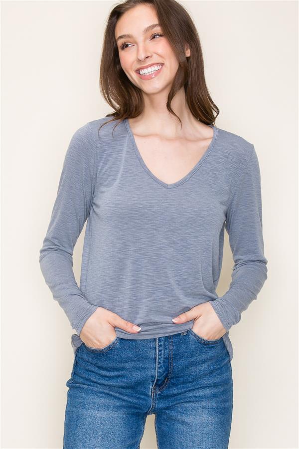 Grey V Neck Classic Long Sleeve