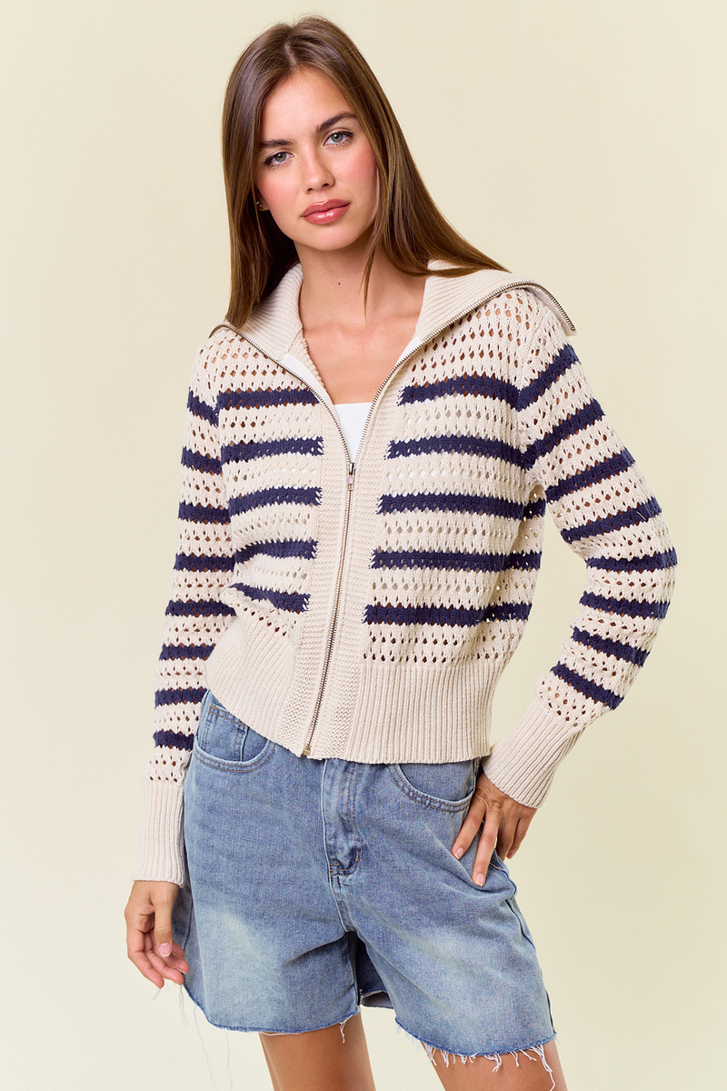 Pointelle Stripe Zip Cardigan