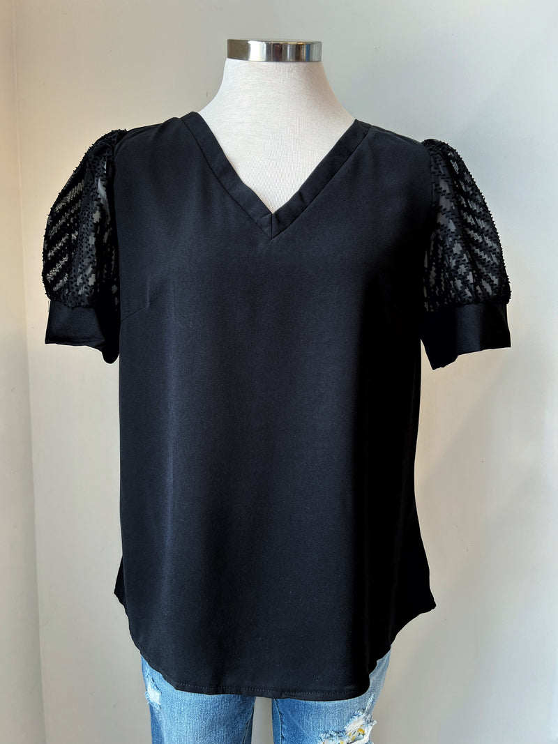 Sheer Puff Sleeve Black Blouse