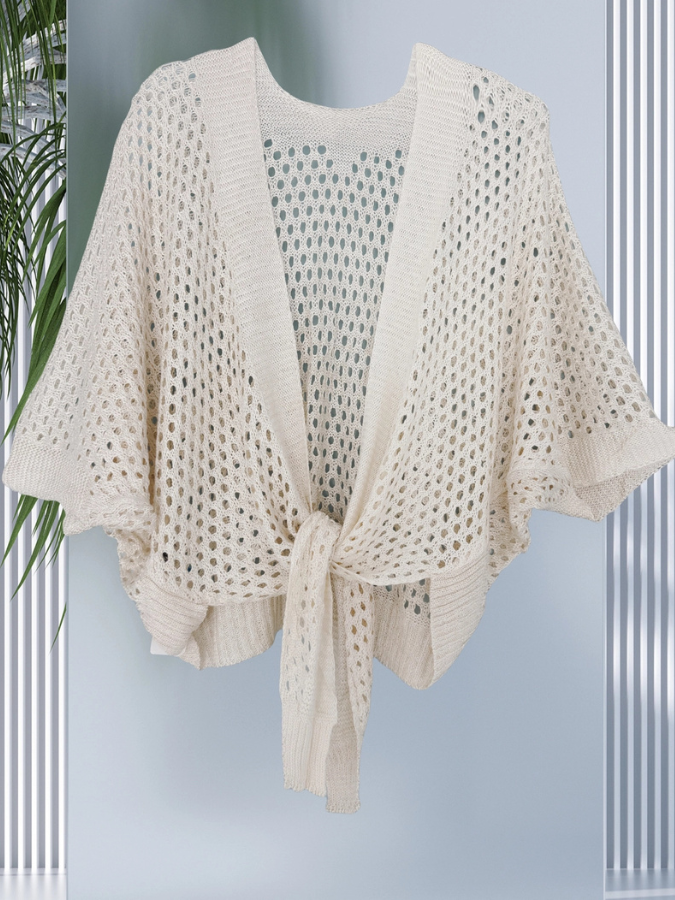 Eyelet Lurex Front Tie Cardigan Beige