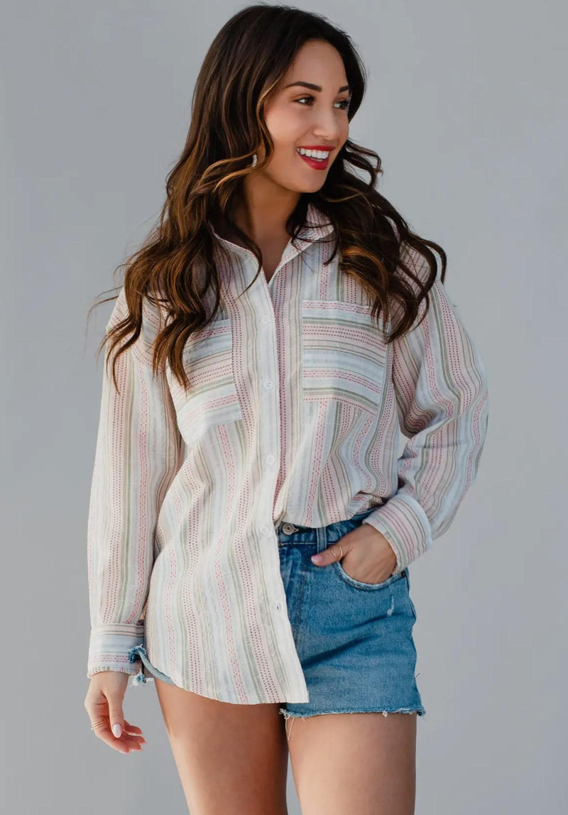 Pink Green Striped Button Up