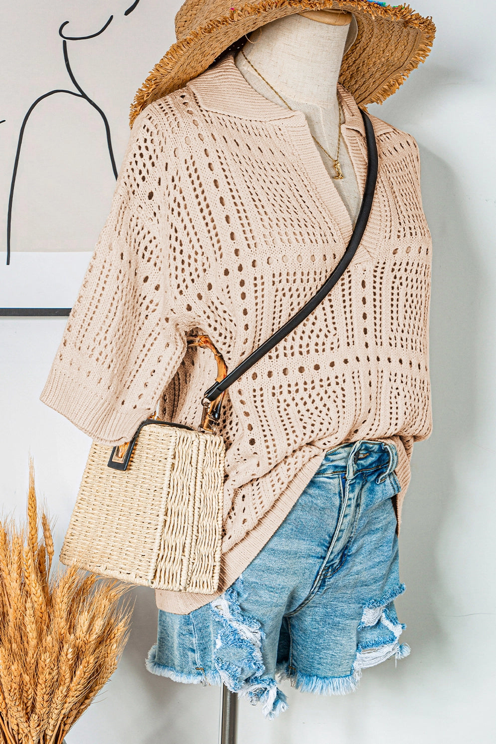 Down Collar Hollowed Knit Short Sleeve Top-XL