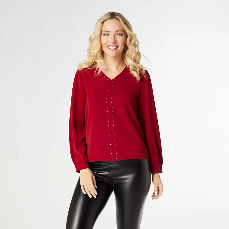 Burgundy V-Neck Blouse with Studs