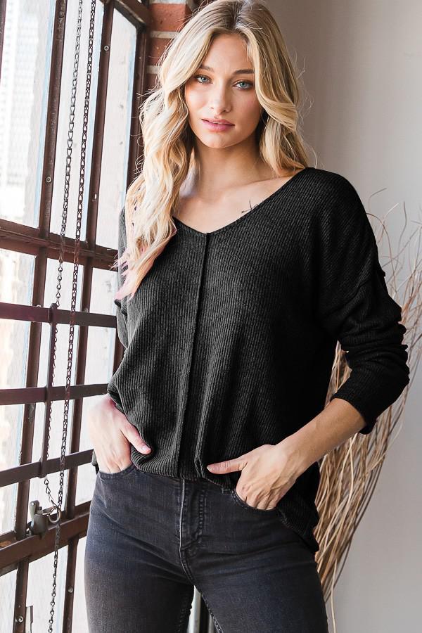 Stitch V Neck Solid Ribbed Top